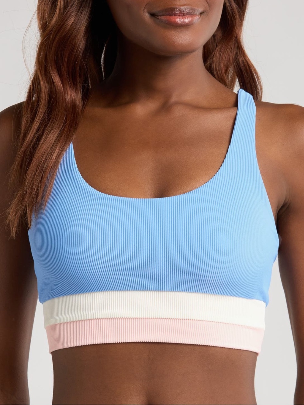 BEACH RIOT Mackenzie Ribbed Scoop Bikini Top in Sky Blue, Cream & Light Pink XS